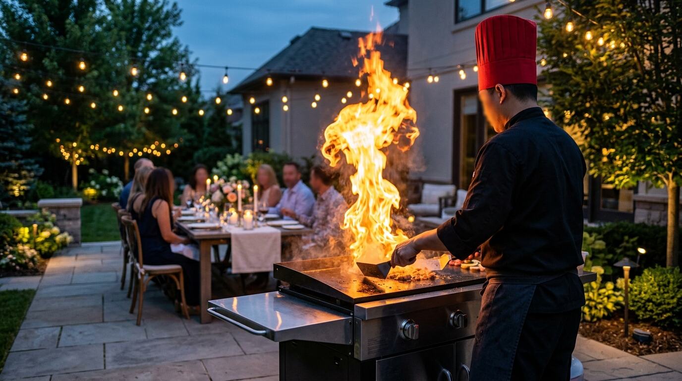 Hibachi chef fire show at a backyard dinner party at dusk