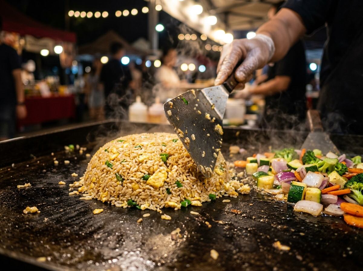 Hibachi fried rice cooking on a flat-top grill