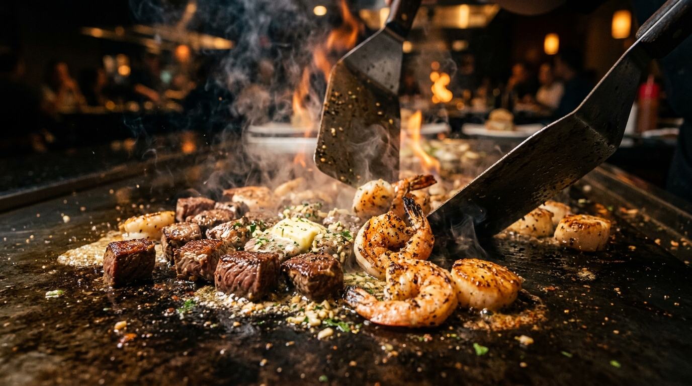 Hibachi steak, shrimp and scallops sizzling on a teppanyaki grill