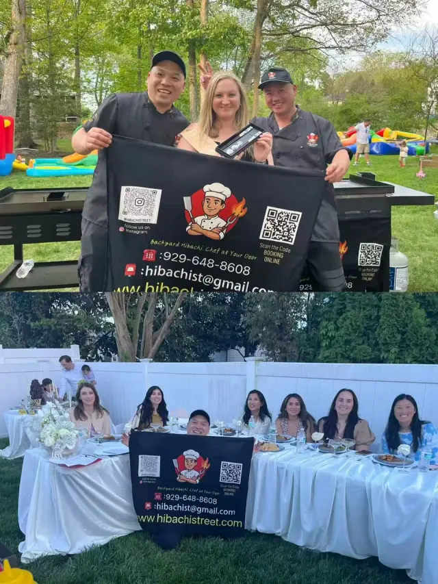 Hibachi Street chefs with birthday guests and the party banner