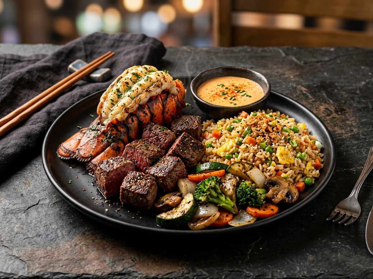 Hibachi lobster tail and filet mignon upgrade plate with fried rice