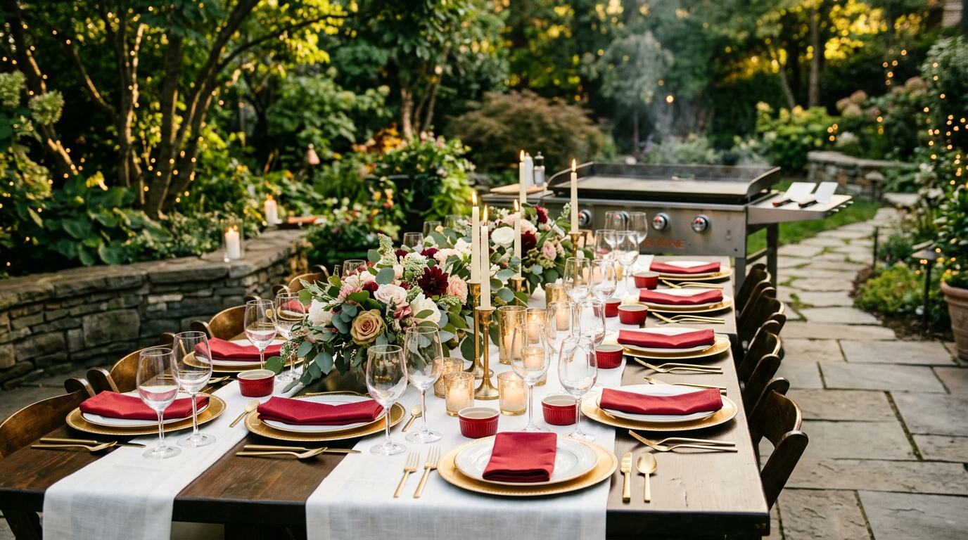 Elegant backyard table set for a private hibachi dinner party