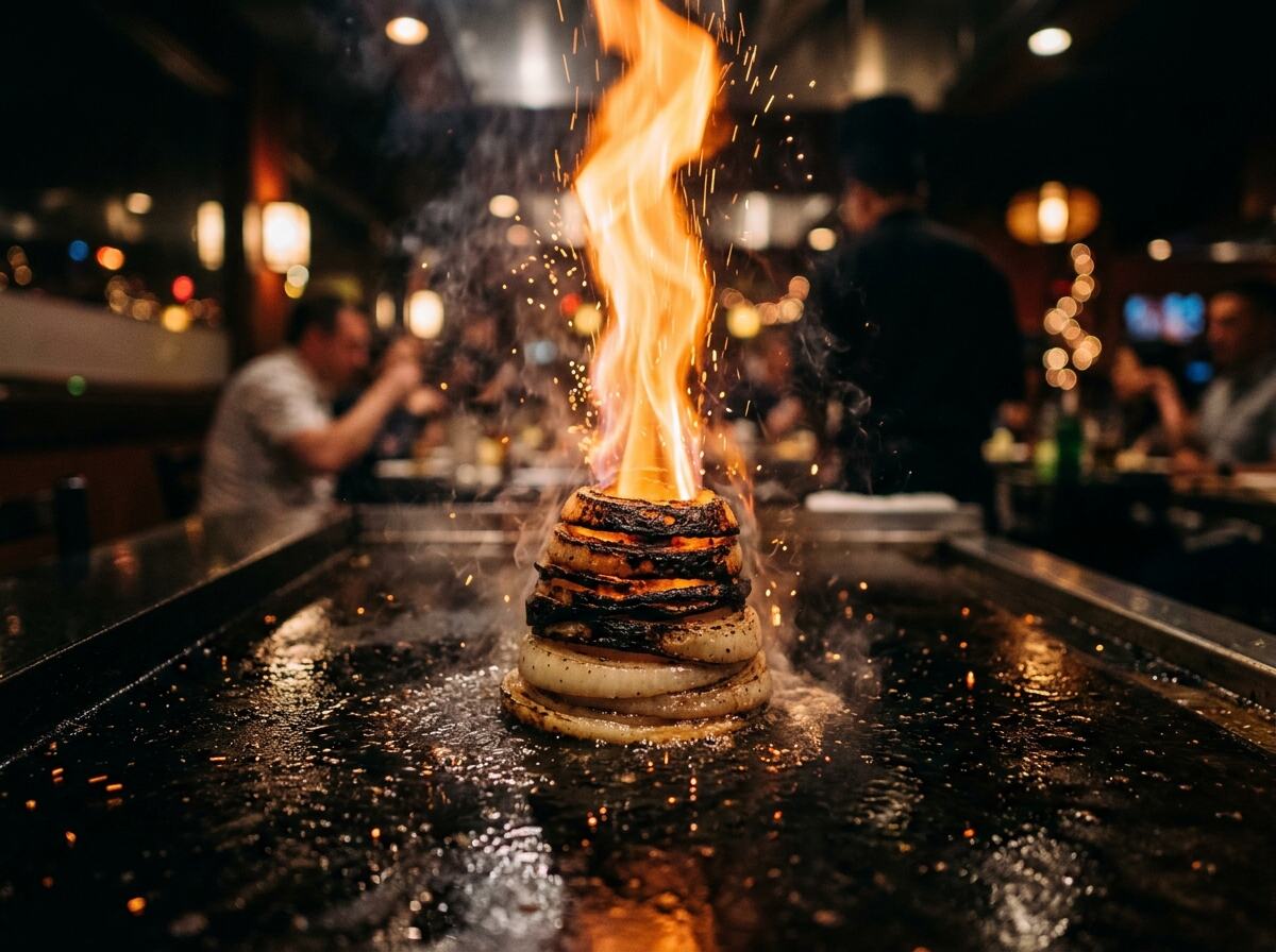 Hibachi onion volcano erupting with flames on a teppanyaki grill