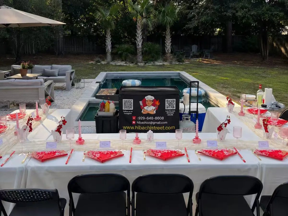 Poolside backyard hibachi party table set up by Hibachi Street