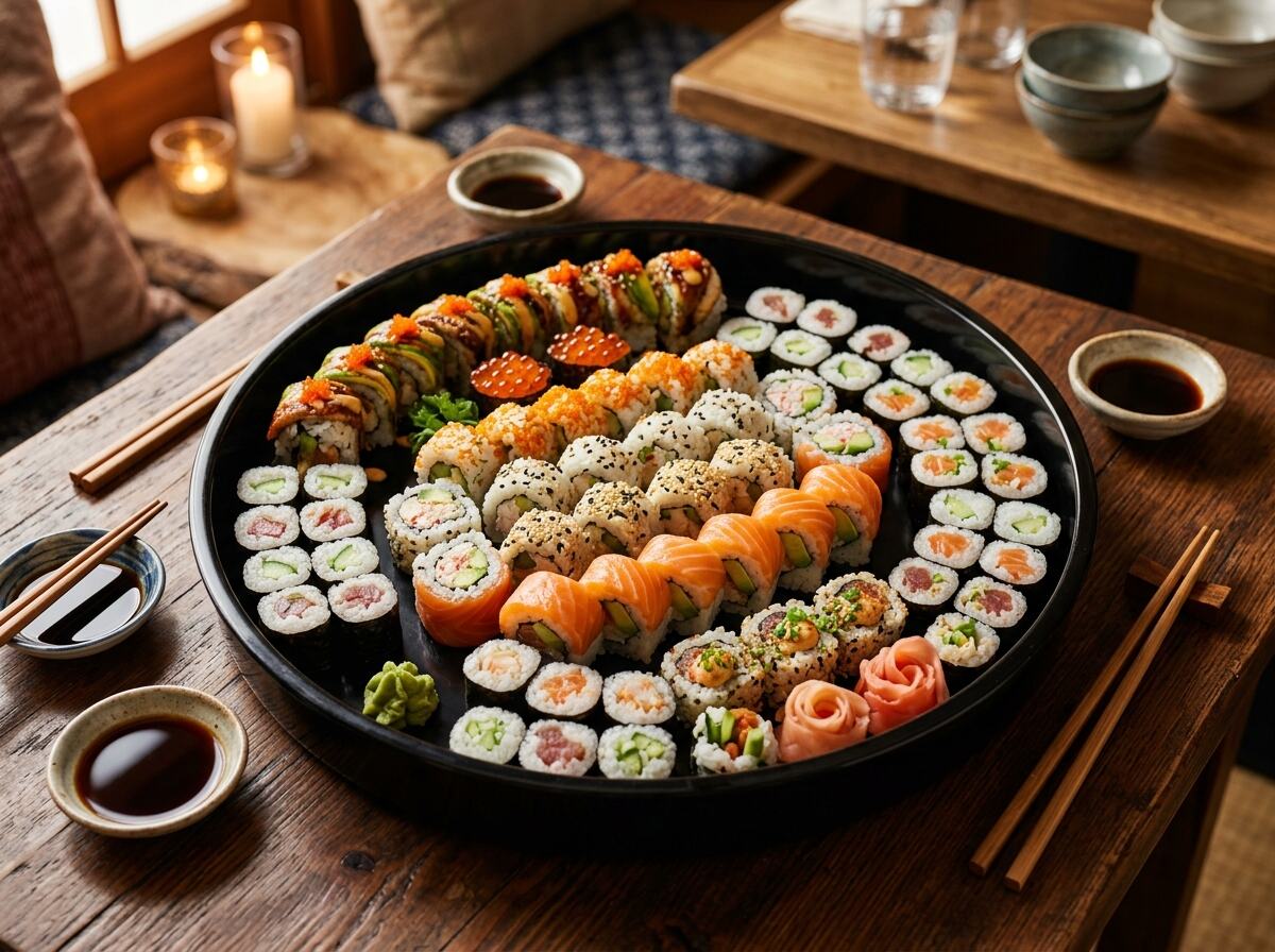 Party sushi platter with assorted maki rolls for a hibachi catering event
